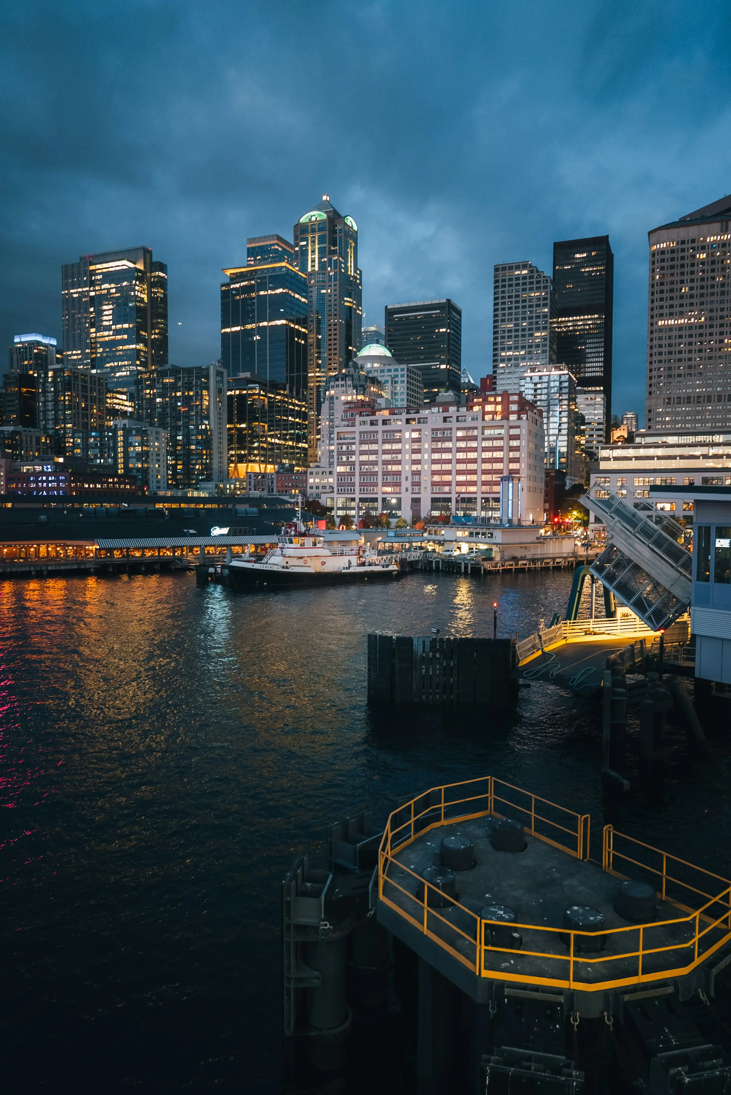 Seattle waterfront and downtown buildings at night